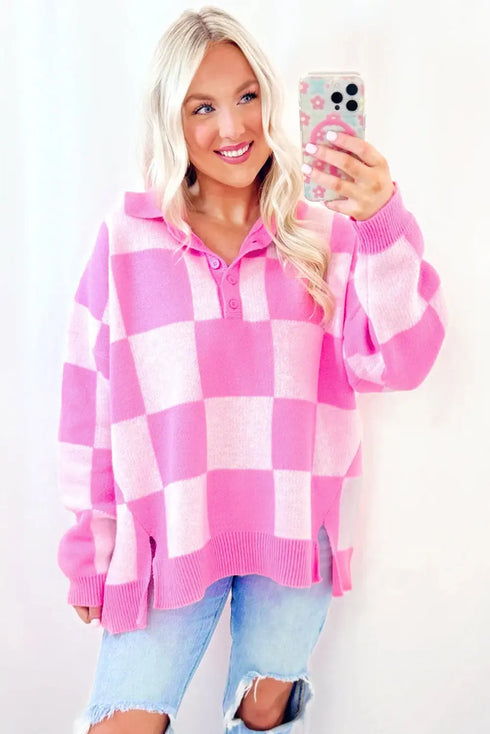 'Galena' Pink Checkered Sweater - Celes Fashion